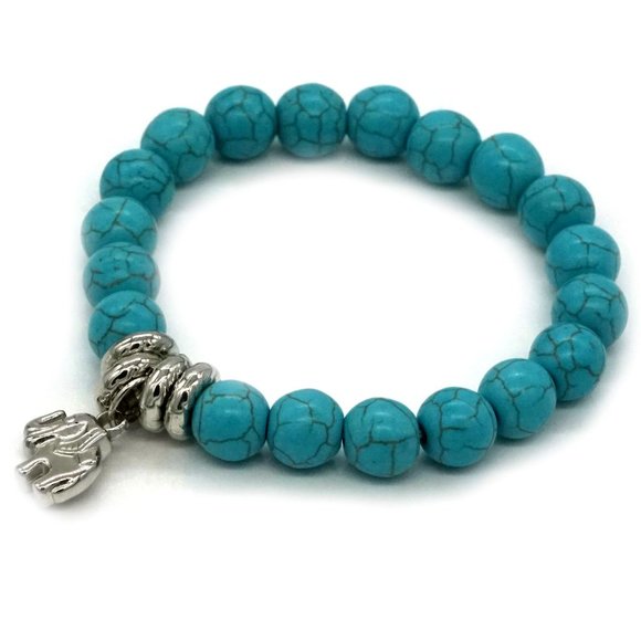 My Bead Emporium Jewelry - Bracelet Blue Howlite Stones Elephant Charm Silver OS.